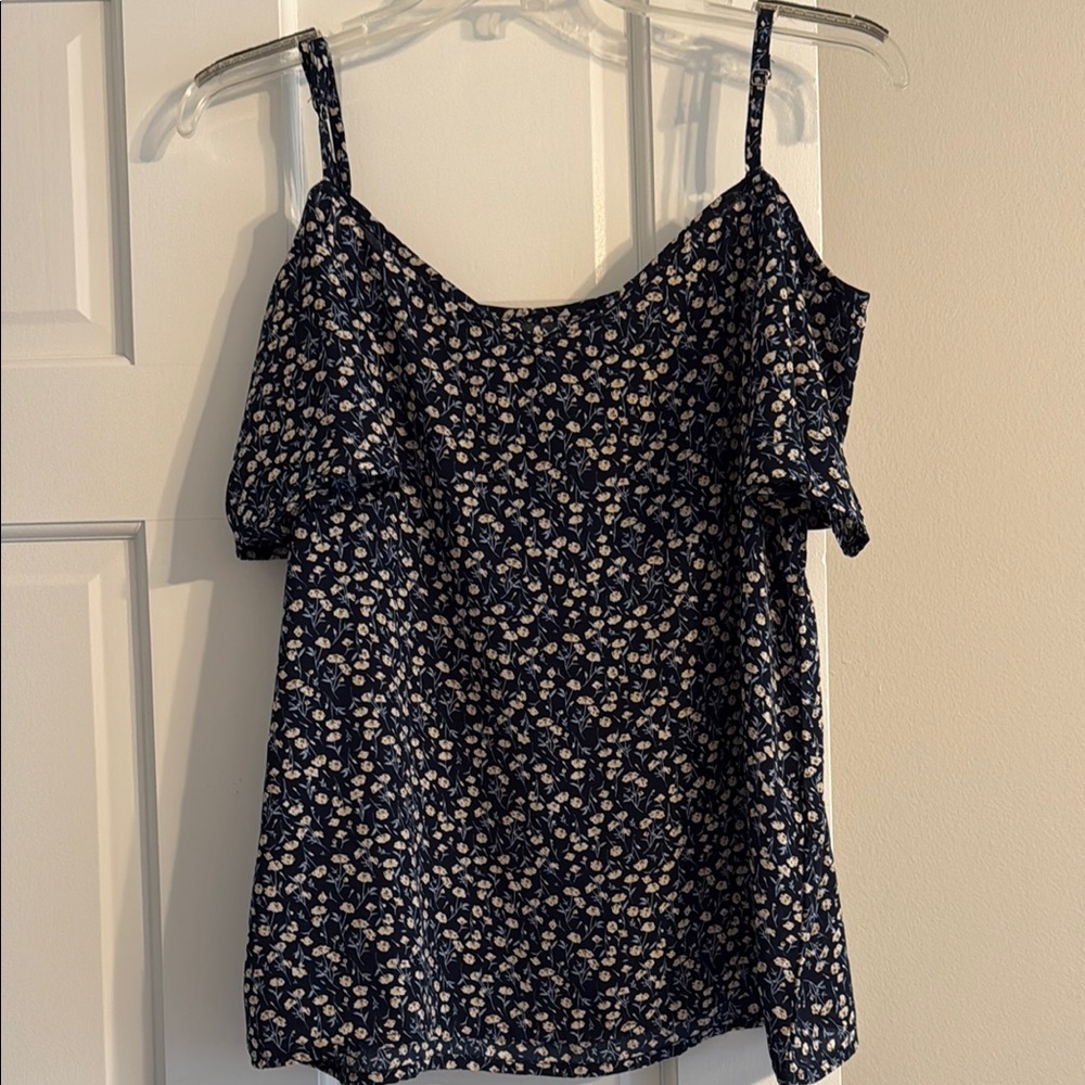 SHEIN navy and white cold shoulder floral top